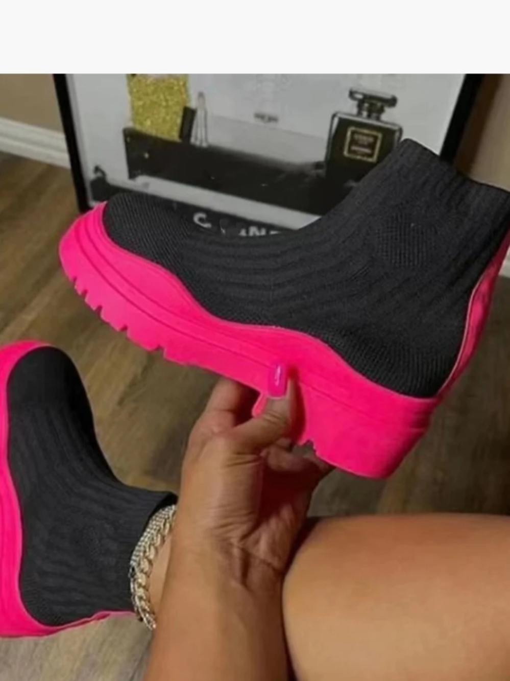Black Knit Sock Platform Sneakers with Hot Pink Sole - Women